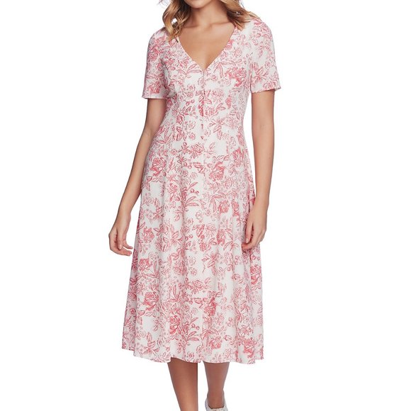 NWT 1. STATE Floral Print V-Neck Midi Dress - Picture 1 of 8